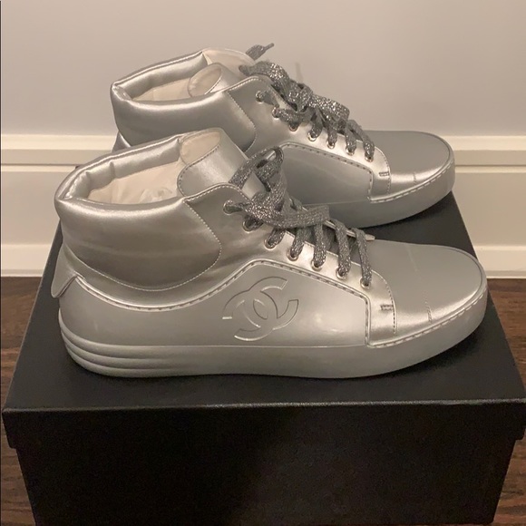 AUTHENTIC CHANEL SILVER HIGH TOP SNEAKERS 41 - Picture 1 of 13